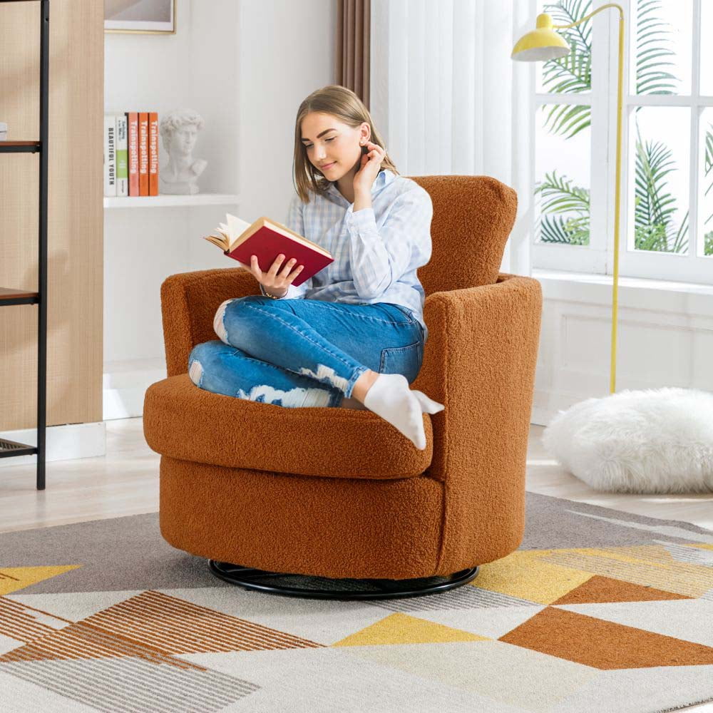 Furnian 31.9'W Swivel Accent Barrel Chair Boucle Round Accent Sofa Chair Leisure Arm Chair for Living Room Nursery Club, Caramel