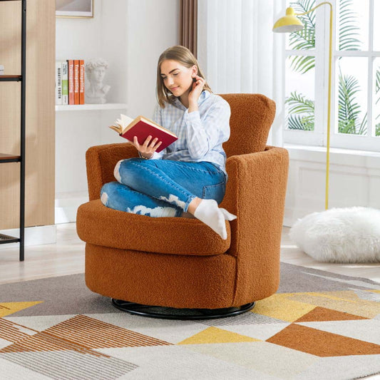 Furnian 31.9'W Swivel Accent Barrel Chair Boucle Round Accent Sofa Chair Leisure Arm Chair for Living Room Nursery Club, Caramel