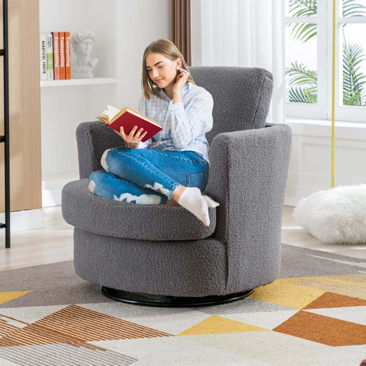 Furnian 31.9'W Swivel Accent Barrel Chair Boucle Round Accent Sofa Chair Leisure Arm Chair for Living Room Nursery Club, Gray