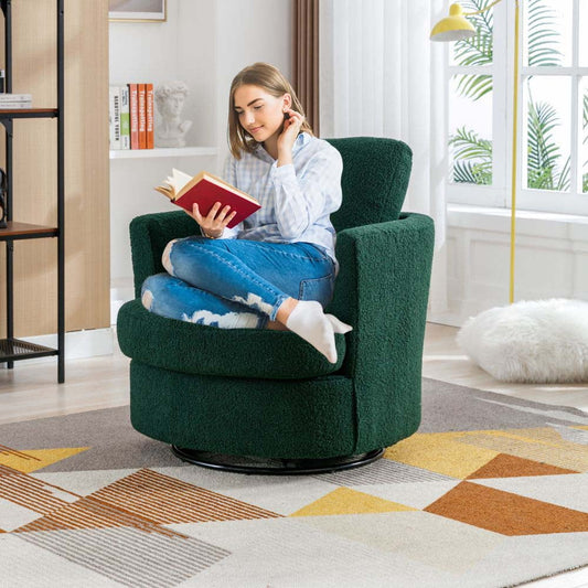 Furnian 31.9'W Swivel Accent Barrel Chair Boucle Round Accent Sofa Chair Leisure Arm Chair for Living Room Nursery Club, Green