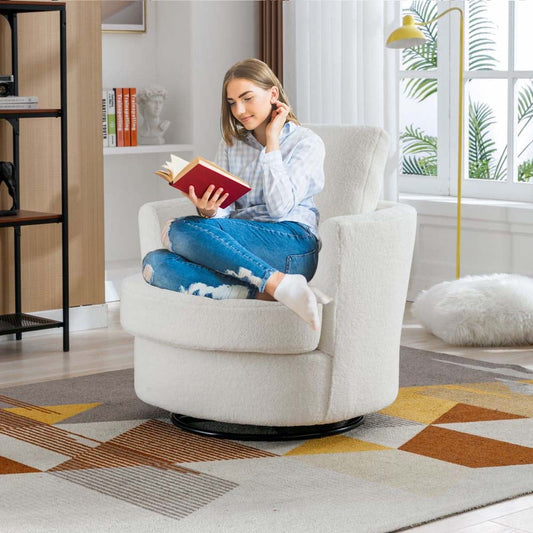 Furnian 31.9'W Swivel Accent Barrel Chair Boucle Round Accent Sofa Chair Leisure Arm Chair for Living Room Nursery Club, Ivory