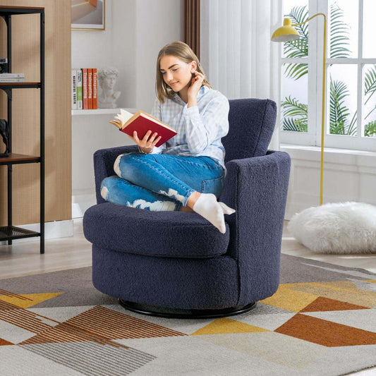 Furnian 31.9'W Swivel Accent Barrel Chair Boucle Round Accent Sofa Chair Leisure Arm Chair for Living Room Nursery Club, Navy
