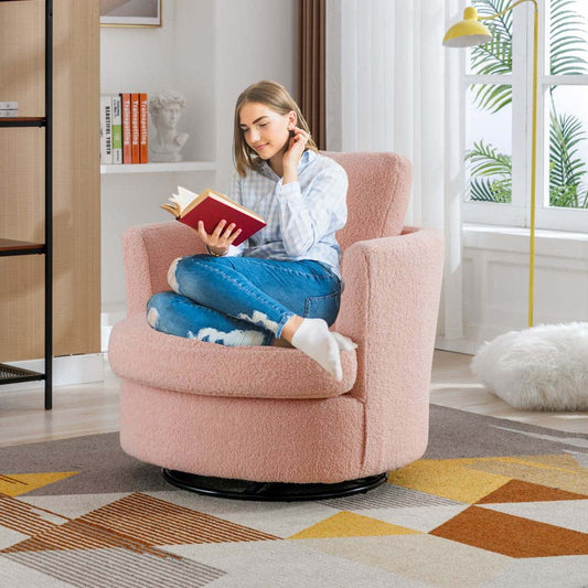 Furnian 31.9'W Swivel Accent Barrel Chair Boucle Round Accent Sofa Chair Leisure Arm Chair for Living Room Nursery Club, Pink