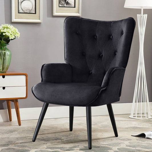 Furniliving Button-Tufted Accent Chair Velvet Wingback Chair Modern Leisure Chair for Living Room Bedroom, Black