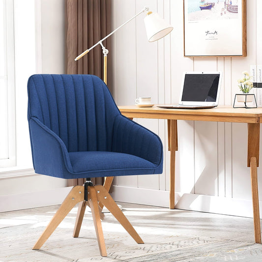 Furniliving Faux Linen Mid Century Swivel Armchair Upholstered Tufted Accent Chair,Dark Blue
