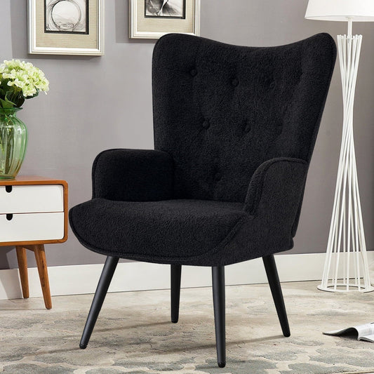 Furniliving Tufted Button Wingback Chair Upholstered Sherpa Accent Chair with Wide Arm Modern Leisure Club Chair, Black