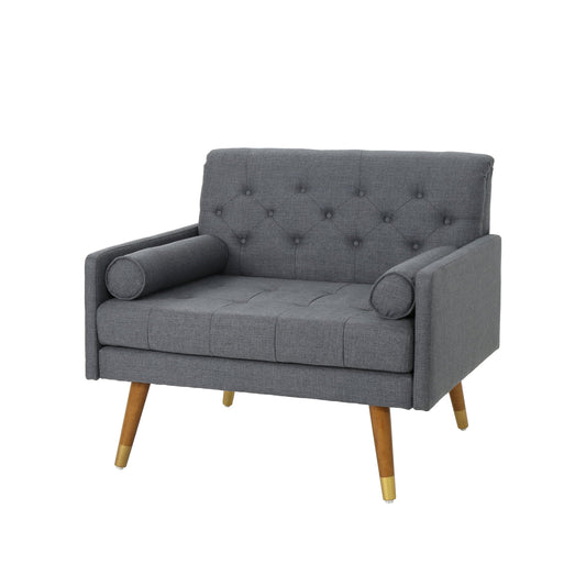 GDF Studio Alkrista Mid Century Modern Fabric Tufted Club Chair with Bolster Pillows, Dark Gray and Walnut