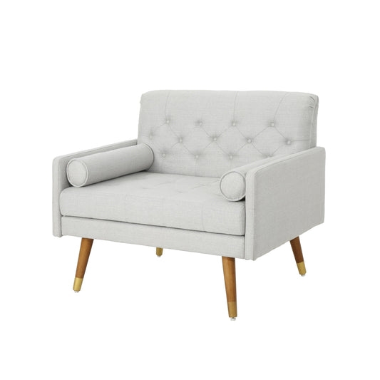 GDF Studio Alkrista Mid Century Modern Fabric Tufted Club Chair with Bolster Pillows, Light Gray and Walnut