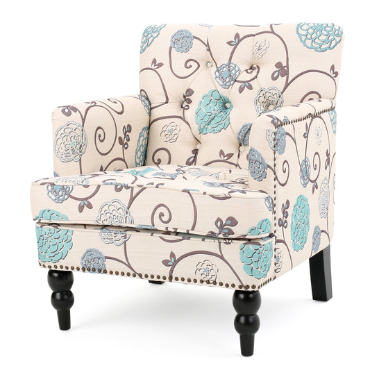 GDF Studio Aurelia Contemporary Tufted Club Chair, Blue and Light Beige Floral Fabric and Dark Brown