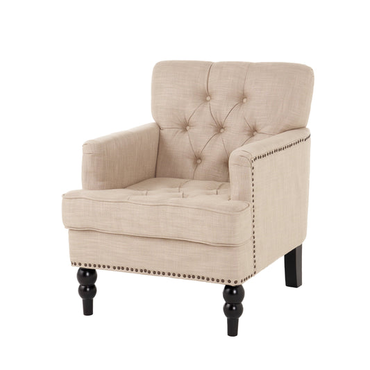 GDF Studio Aurelia Contemporary Tufted Club Chair with Nailhead Trim, Beige Fabric and Dark Brown
