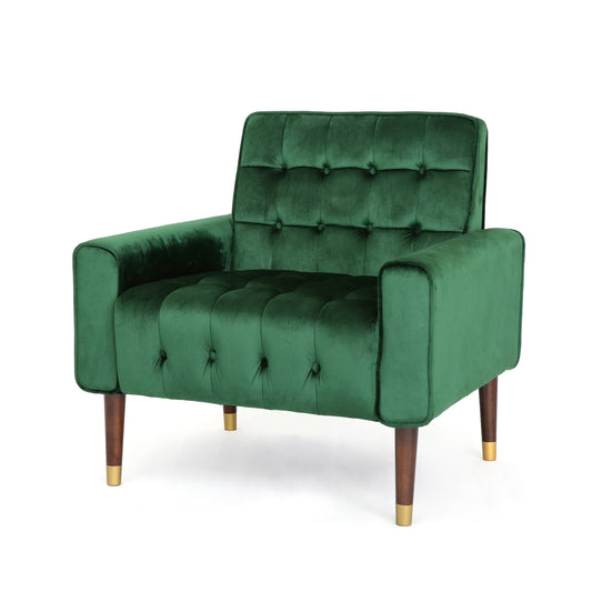 GDF Studio Chesaco Modern Glam Velvet Tufted Armchair, Emerald and Dark Espresso