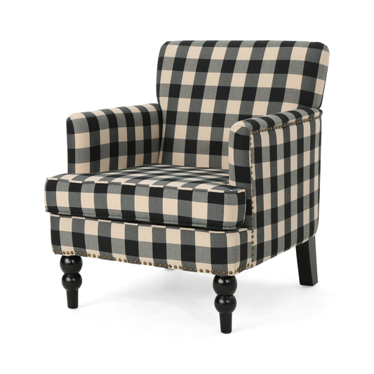 GDF Studio Eve Contemporary Fabric Upholstered Club Chair with Nailhead Trim, Black Checkerboard