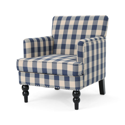 GDF Studio Eve Contemporary Fabric Upholstered Club Chair with Nailhead Trim, Blue Checkerboard