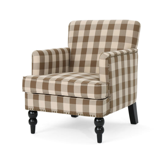 GDF Studio Eve Contemporary Fabric Upholstered Club Chair with Nailhead Trim, Brown Checkerboard