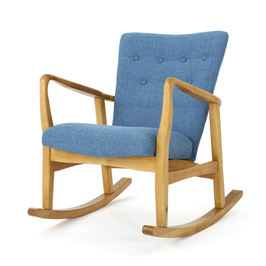 GDF Studio Suffolk Mid Century Modern Fabric Tufted Rocking Chair, Muted Blue and Light Walnut