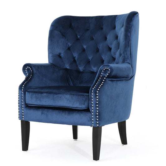 GDF Studio Wilkes Modern Glam Velvet Tufted Club Chair, Cobalt Blue and Dark Brown