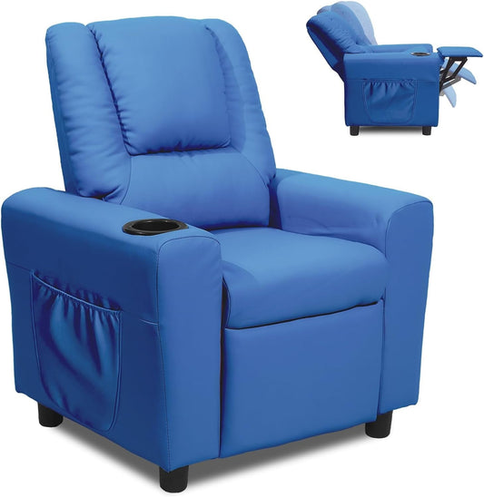 GNMLP Kids Recliner Chair with Cup Holder짙짝Side Pocket,Toddler Recliner Chair with Adjustable Footrest -Navy Blue