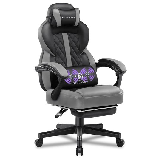 GTPLAYER Gaming Chair PU Leather Office Chair with Footrest&Massage Pillow, Gray