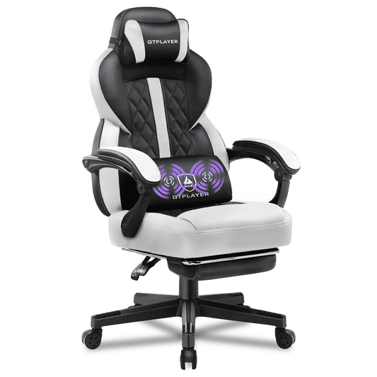 GTPLAYER Gaming Chair PU Leather Office Chair with Footrest&Massage Pillow, White