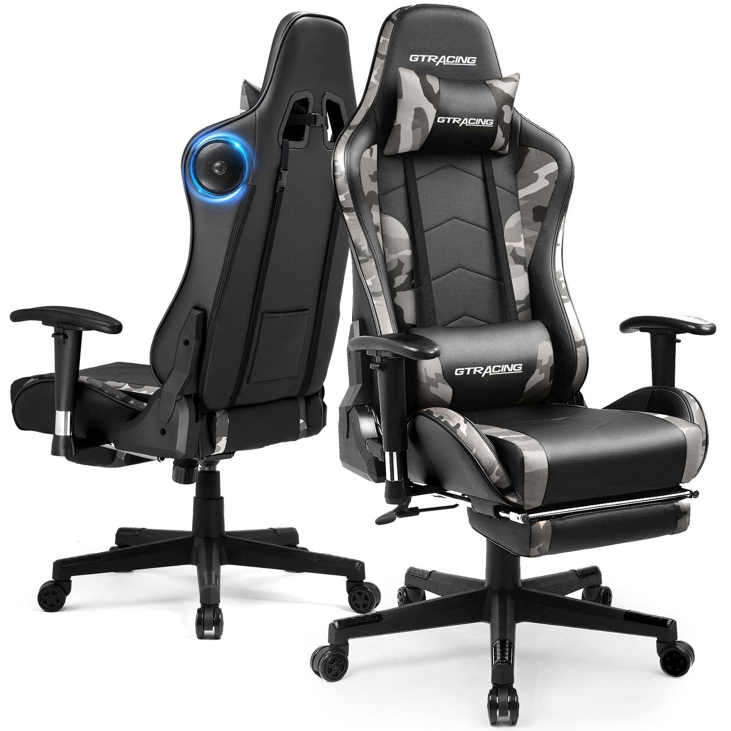 GTPLAYER Gaming Chair with Bluetooth Speakers Footrest PU Leather Music Office Chair, Camouflage