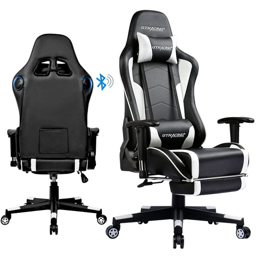 GTPLAYER Gaming Chair with Bluetooth Speakers Footrest PU Leather Music Office Chair, White