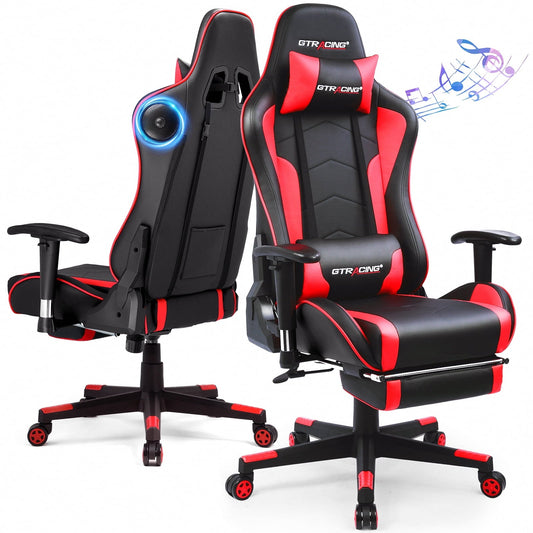 GTPLAYER Gaming Chair with Bluetooth Speakers Music Office Chair with Footrest PU Leather Recliner, Red