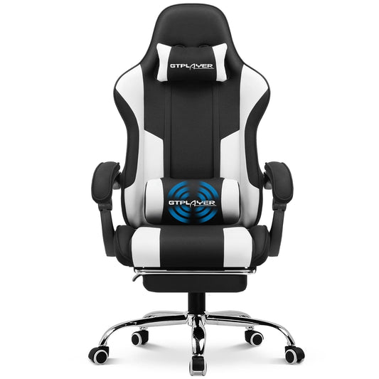 GTPLAYER Gaming Chair with Footrest and Ergonomic Lumbar Massage Pillow Fabric Office Chair, Darkgray&White