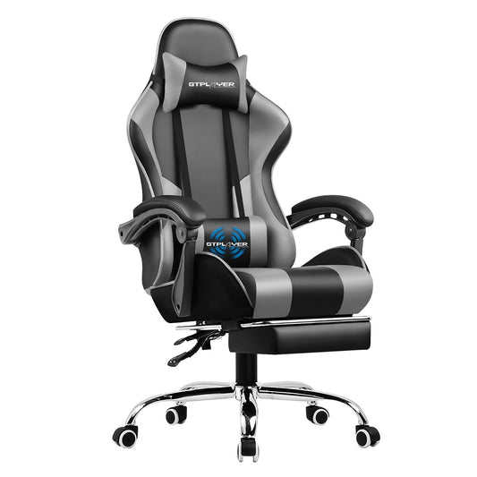 GTPLAYER Gaming Chair with Footrest and Ergonomic Lumbar Massage Pillow Faux Leather Office Chair, Gray