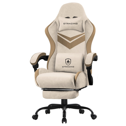 GTRACING Ergonimic Fabric Reclining Gaming Chair with Footrest and Linkage Armrests, Cream