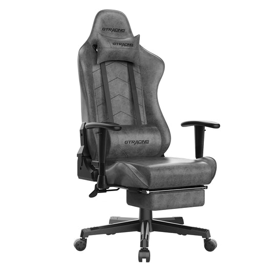 GTRACING Gaming Chair with Footrest Ergonomic Reclining Leather Chair, Gray