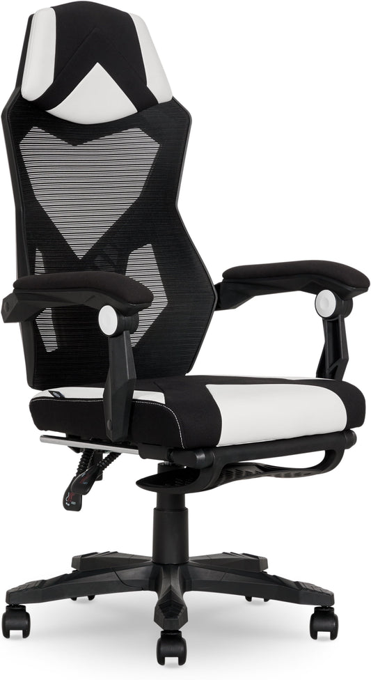Gamer Gear Gaming Office Chair with Extendable Leg Rest, White and Black Fabric Upholstery