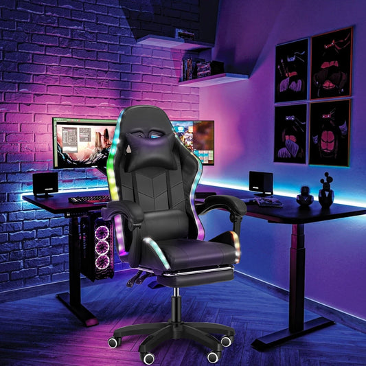 Gaming Chair Big and Tall Office Chair with Footrest High Back Heavy Duty Gamer Chair with Lumbar Support Height Adjustable 360-Swivel Seat and Headrest for Adults-Black