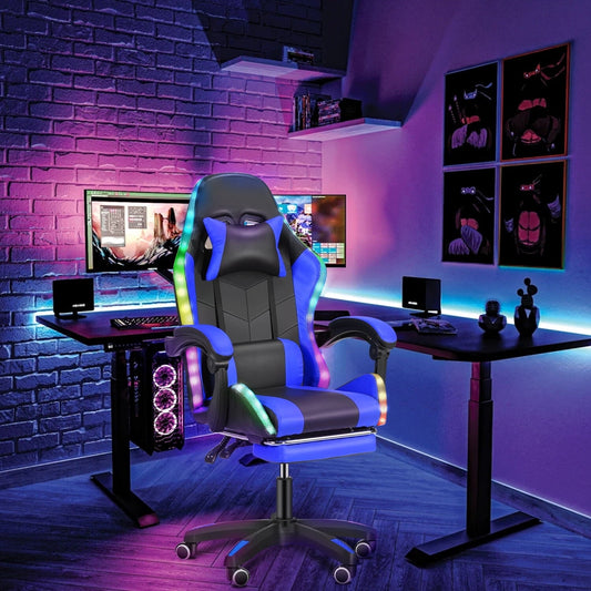 Gaming Chair Big and Tall Office Chair with Footrest High Back Heavy Duty Gamer Chair with Lumbar Support Height Adjustable 360-Swivel Seat and Headrest for Adults-Blue