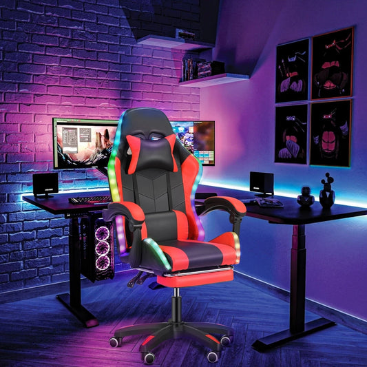 Gaming Chair Big and Tall Office Chair with Footrest High Back Heavy Duty Gamer Chair with Lumbar Support Height Adjustable 360-Swivel Seat and Headrest for Adults-Red