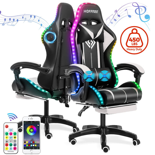 Gaming Chair with Bluetooth Speaker, Ergonomic Massage Racing Chair with RGB Lights, Footrest and Lumbar Support, High Back Office Chair, Heavy Duty Design Gaming Computer Chair