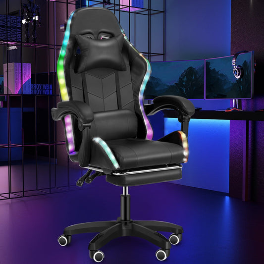 Gaming Chair with Bluetooth Speaker and RGB LED Lights, Ergonomic Video Game Chair High Back Swivel Office Recliner Chair with Adjustable Footrest, Headrest, and Lumbar Support