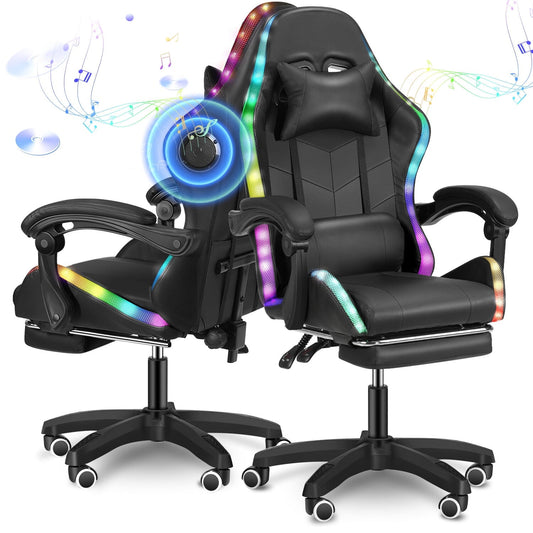 Gaming Chair with Bluetooth Speakers and Footrest Office Chair with LED Lights Ergonomic Game Chair High Back with Lumbar Support and Headrest Adjustable Swivel for Adults 330lb