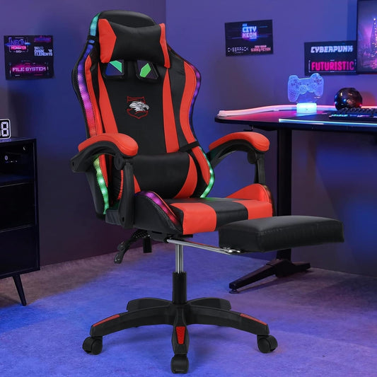 Gaming Chair, Gaming Chair with Bluetooth-Compatible Speakers, LED Gaming Chair with Footrest, Ergonomic Height Adjustable Computer Chair Video Game Chair with Lumbar Support Black & Red