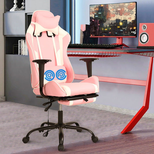 Gaming Chair Ergonomic Computer Chair with Footrest, Massage Lumbar Support, High Back PU Leather Adjustable Swivel Reclining Chair for Adults(Pink)