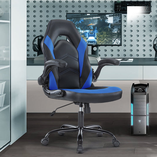 Gaming Chair, Ergonomic Office Chair Desk Chair with Flip-up Armrest and Height Adjustable PU Leather, Computer Chair with Lumbar Support, Black and Blue