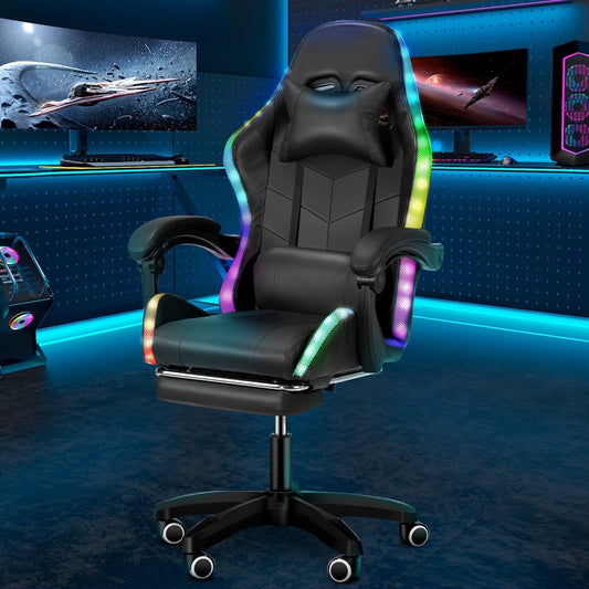 Gaming Chair with Footrest Massage Office Chair with LED Lights Ergonomic Game Chair High Back with Lumbar Support and Headrest Adjustable Swivel for Adults 330lb(Black)