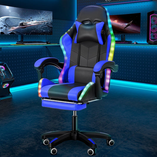 Gaming Chair with Footrest Massage Office Chair with LED Lights Ergonomic Game Chair High Back with Lumbar Support and Headrest Adjustable Swivel for Adults 330lb(Blue)