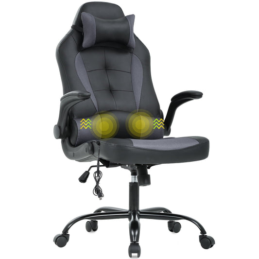 Gaming Chair Massage Office Chair Racing Desk Chair Ergonomic PC Executive High Back PU Leather Computer Chair with Lumbar Support Headrest Armrest Task Rolling Swivel Chair for Women Adults, Grey