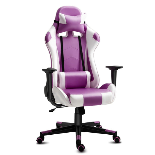 Gaming Chair Office Desk Chair Ergonomic Reclining Computer Chair Height Adjustable Swivel Recliner with Headrest Lumbar Support, Purple White