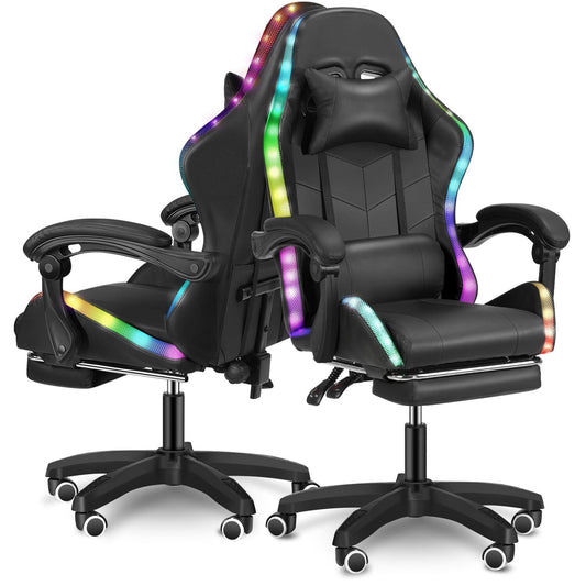 Gaming Chair with PU Leather Office Chair with Footrest and LED Lights Ergonomic Gamer Chair with Lumbar Support and Headrest Adjustable Swivel for Home Office 330lb,Black