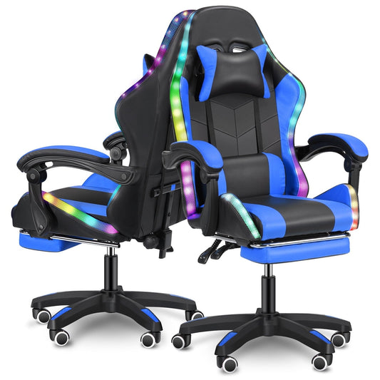 Gaming Chair with PU Leather Office Chair with Footrest and LED Lights Ergonomic Gamer Chair with Lumbar Support and Headrest Adjustable Swivel for Home Office 330lb,Blue