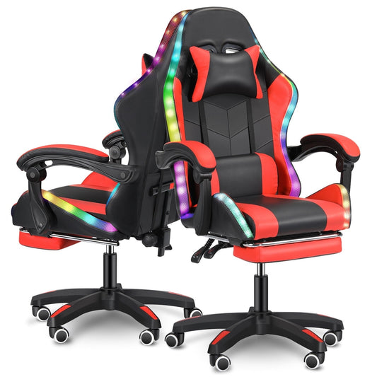 Gaming Chair with PU Leather Office Chair with Footrest and LED Lights Ergonomic Gamer Chair with Lumbar Support and Headrest Adjustable Swivel for Home Office 330lb,Red
