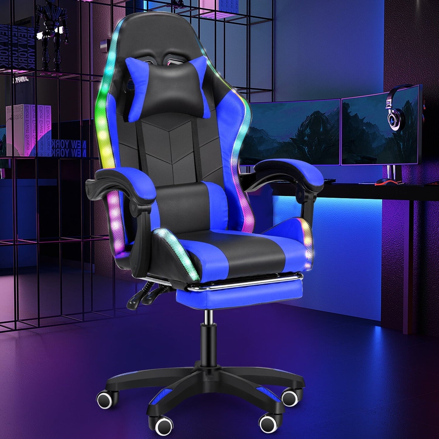 Gaming Chair with RGB LED Lights Around Ergonomic Chair with Footrest High Back Game Chair with Adjustable Lumbar Support Linkage Armrest for Home Office, Black & Blue