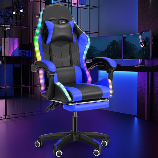 Gaming Chair with RGB LED Lights Around Ergonomic Chair with Footrest High Back Game Chair with Adjustable Lumbar Support Linkage Armrest for Home Office, Black & Blue