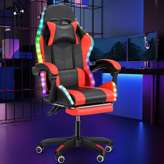 Gaming Chair with RGB LED Lights Around Ergonomic Chair with Footrest High Back Game Chair with Adjustable Lumbar Support Linkage Armrest for Home Office, Black & Red